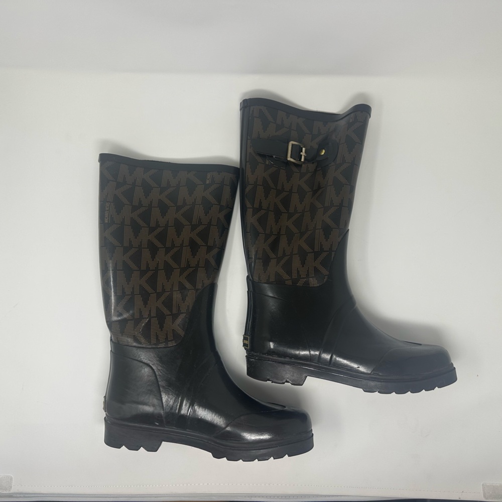 Michael Kors Black and Brown MK Logo Rain Boots